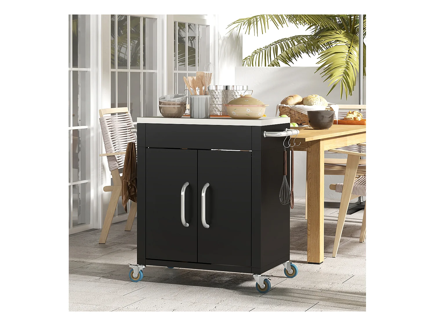 Carrello da cucina roulant in acciaio con plateau inox e uncinetto, rangement 86×50×86,5cm