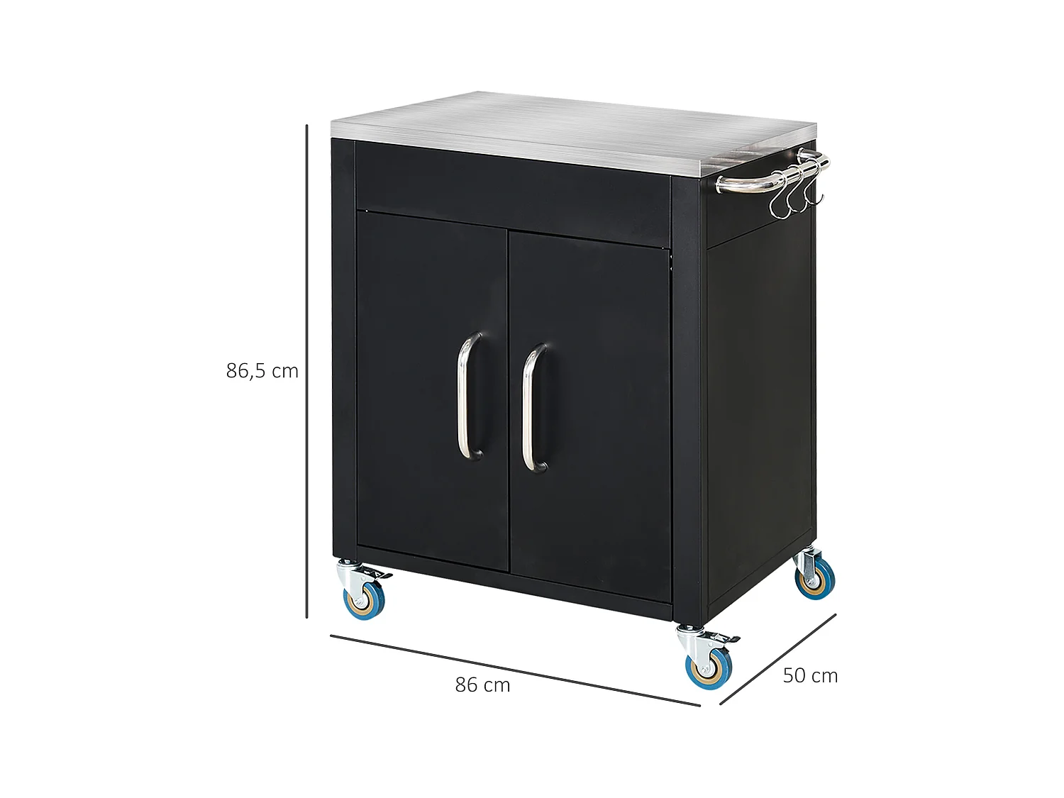 Carrello da cucina roulant in acciaio con plateau inox e uncinetto, rangement 86×50×86,5cm