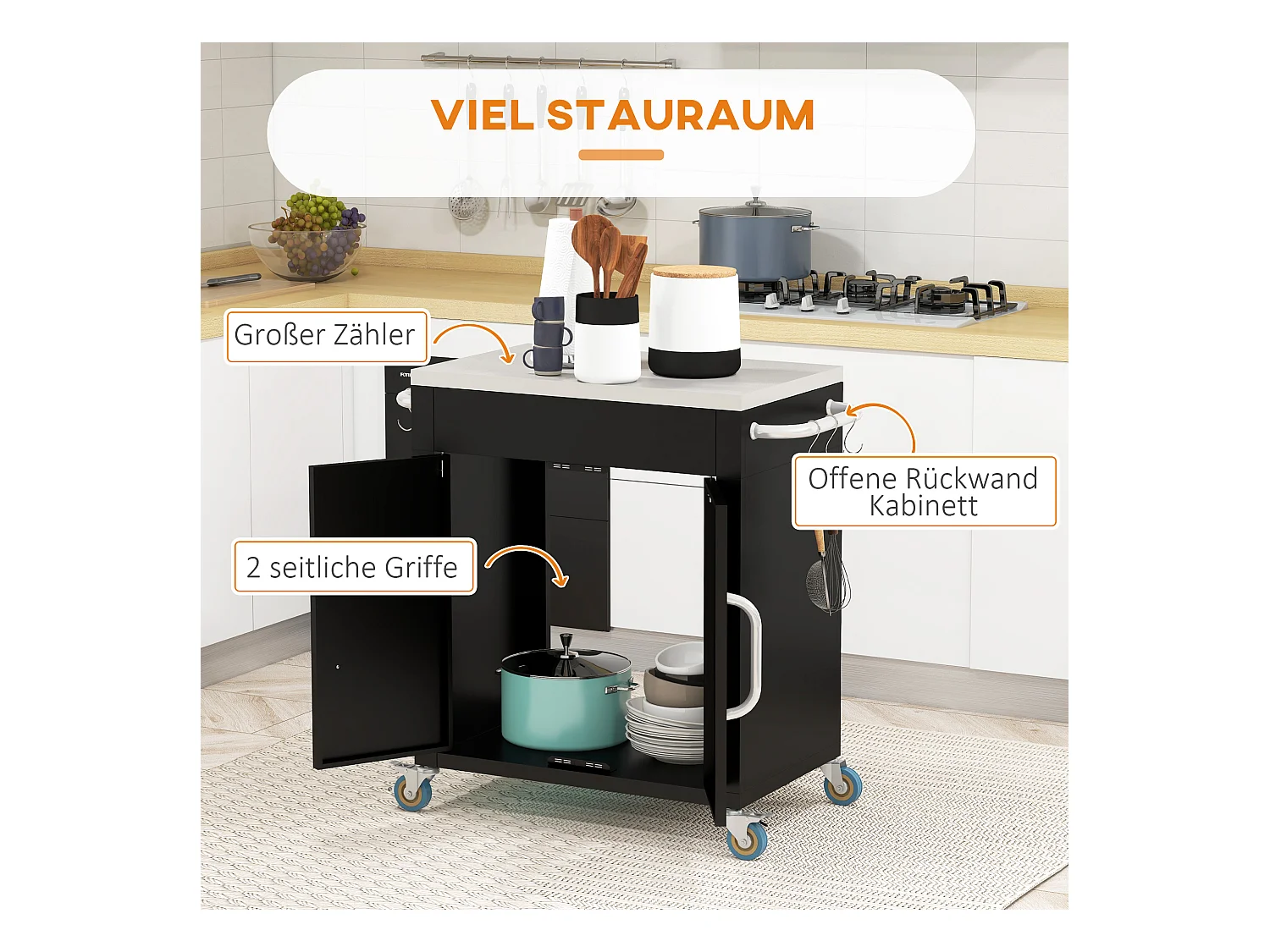 Carrello da cucina roulant in acciaio con plateau inox e uncinetto, rangement 86×50×86,5cm