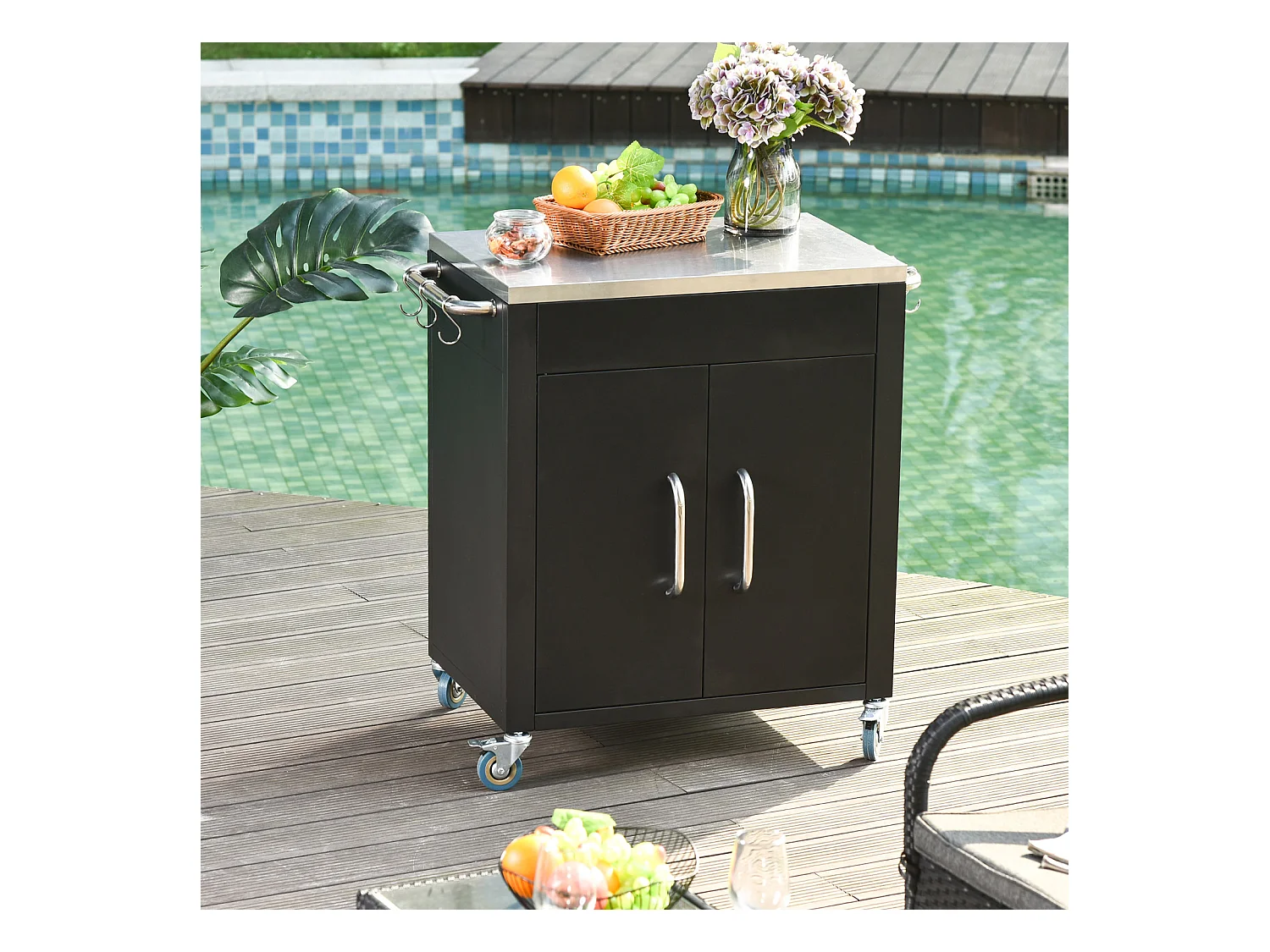 Carrello da cucina roulant in acciaio con plateau inox e uncinetto, rangement 86×50×86,5cm