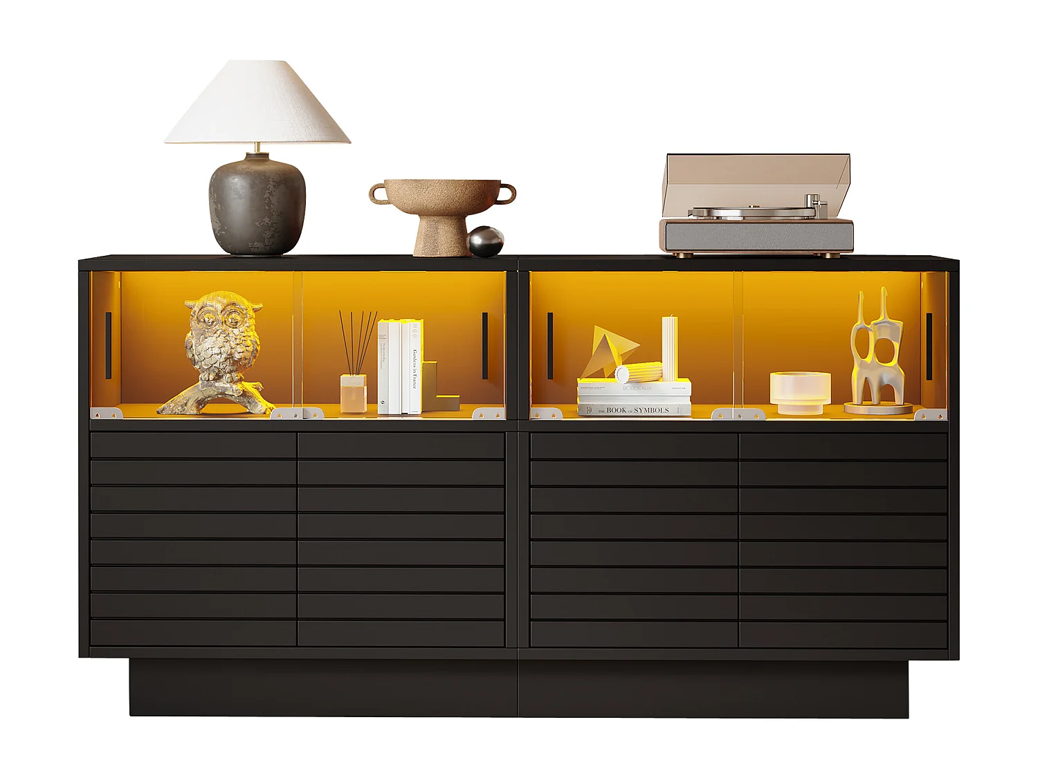 Vetrina buffet LED 3 livelli panneau noir verre coulissant rangement salon 130x35x68 cm