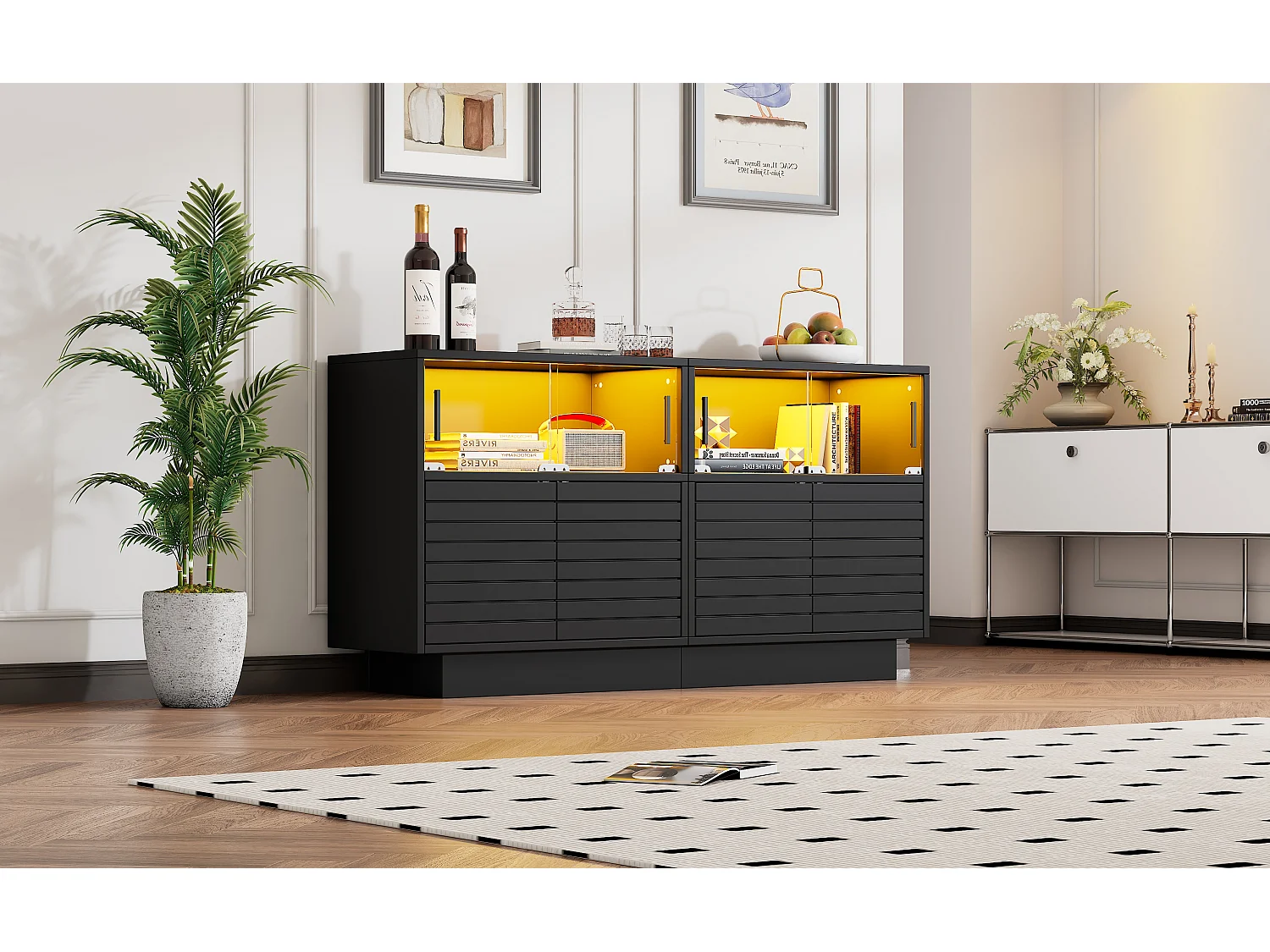 Vetrina buffet LED 3 livelli panneau noir verre coulissant rangement salon 130x35x68 cm