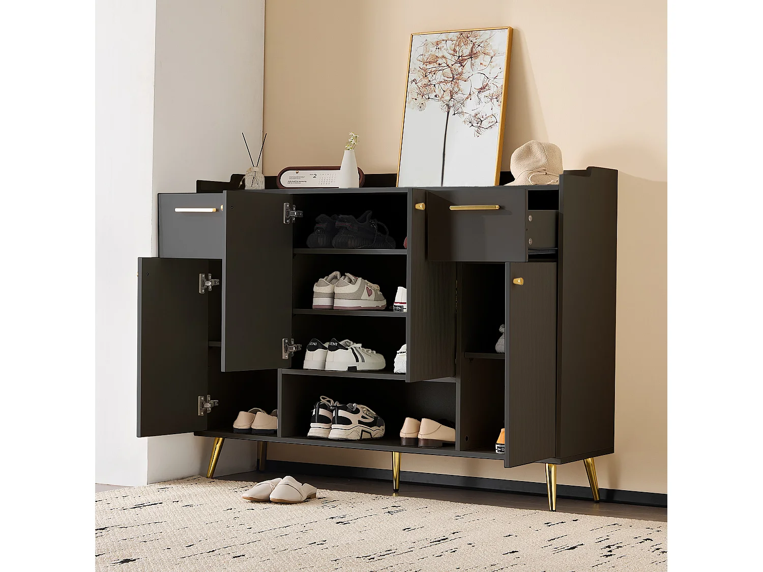 Mobile da giardino in legno MDF, ingresso camera, 2 cassetti, 4 porte, bianco, 115x30x95 cm