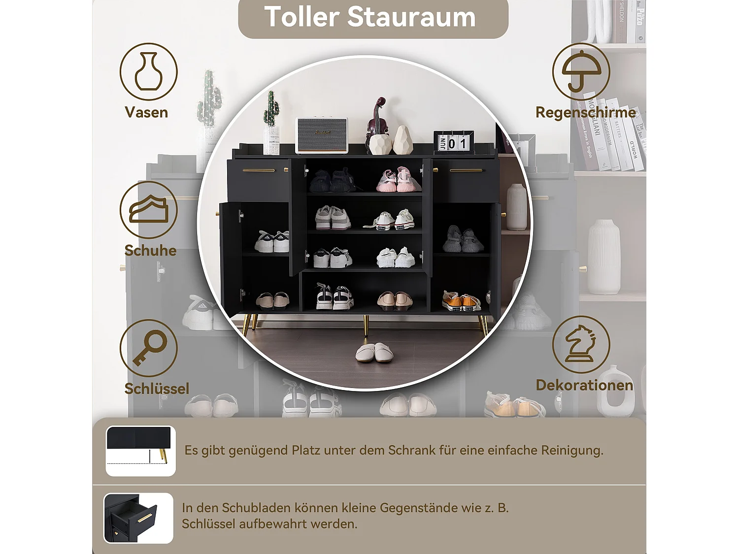 Zapatero de madera MDF con almacenaje para entrada de dormitorio, 2 cajones y 4 puertas, color blanco, 115x30x95cm