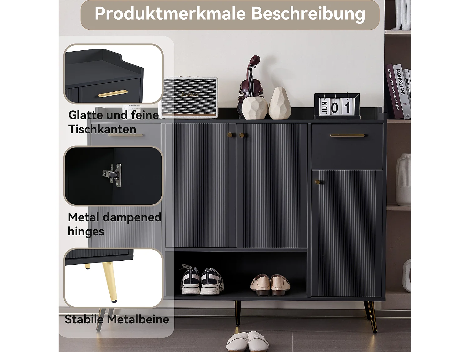 Zapatero de madera MDF con almacenaje para entrada de dormitorio, 2 cajones y 4 puertas, color blanco, 115x30x95cm