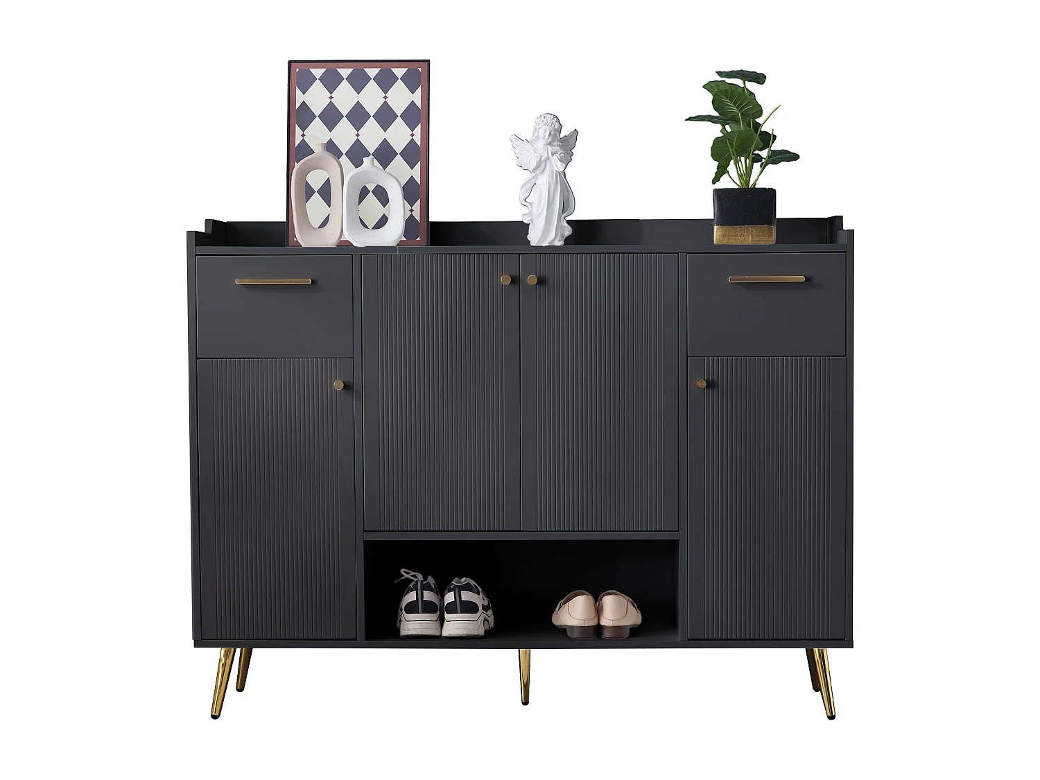 Zapatero de madera MDF con almacenaje para entrada de dormitorio, 2 cajones y 4 puertas, color blanco, 115x30x95cm