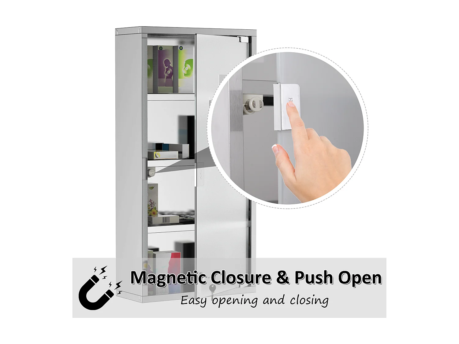 Armário de remédios de aço inoxidável com fechadura e porta de vidro opaco para montagem na parede do banheiro 30×12×60 cm