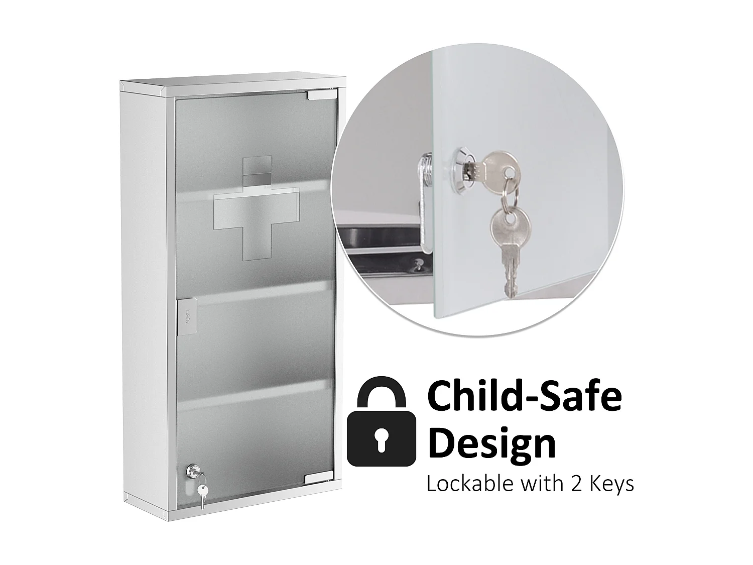 Armário de remédios de aço inoxidável com fechadura e porta de vidro opaco para montagem na parede do banheiro 30×12×60 cm