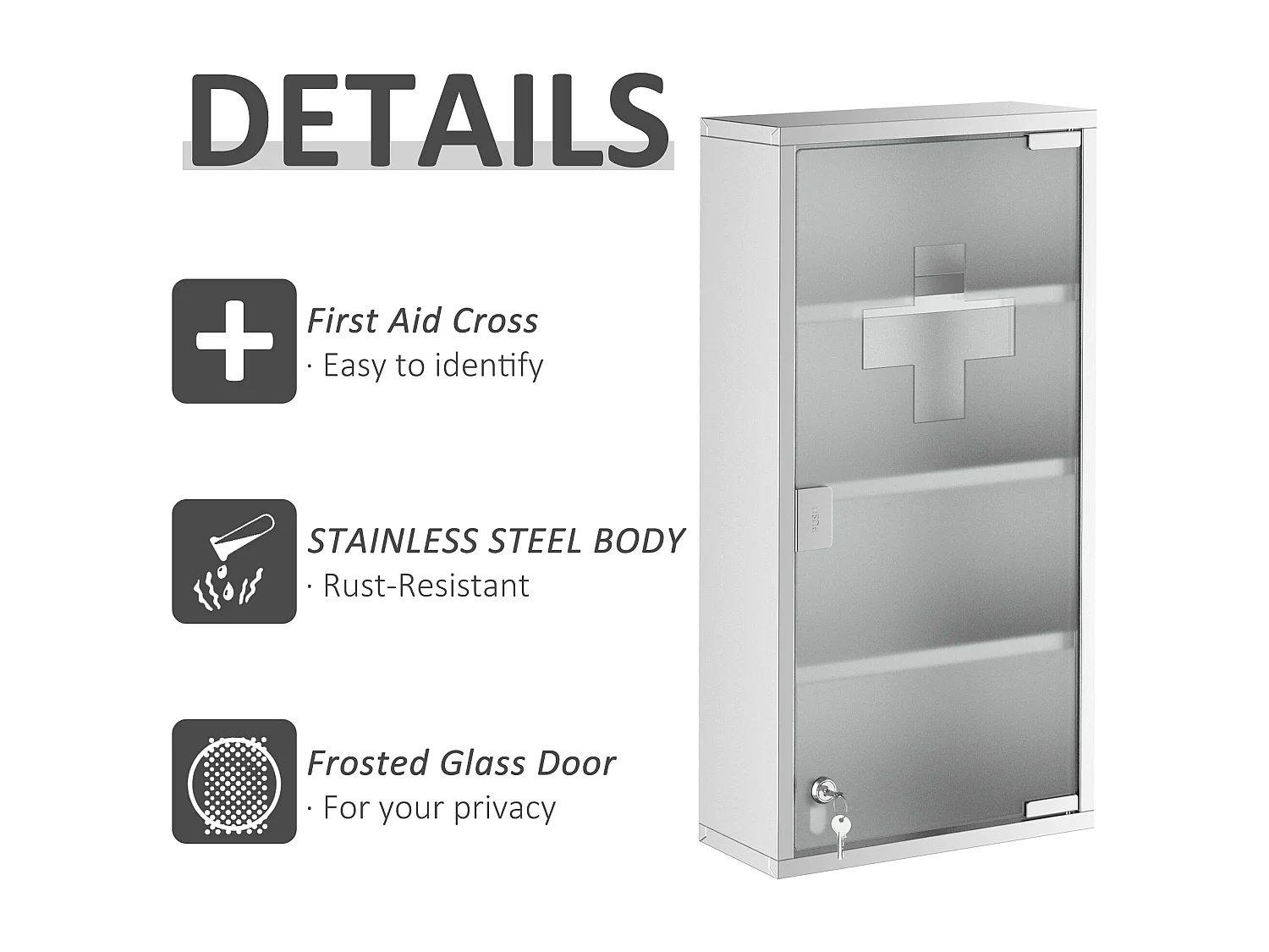 Armário de remédios de aço inoxidável com fechadura e porta de vidro opaco para montagem na parede do banheiro 30×12×60 cm