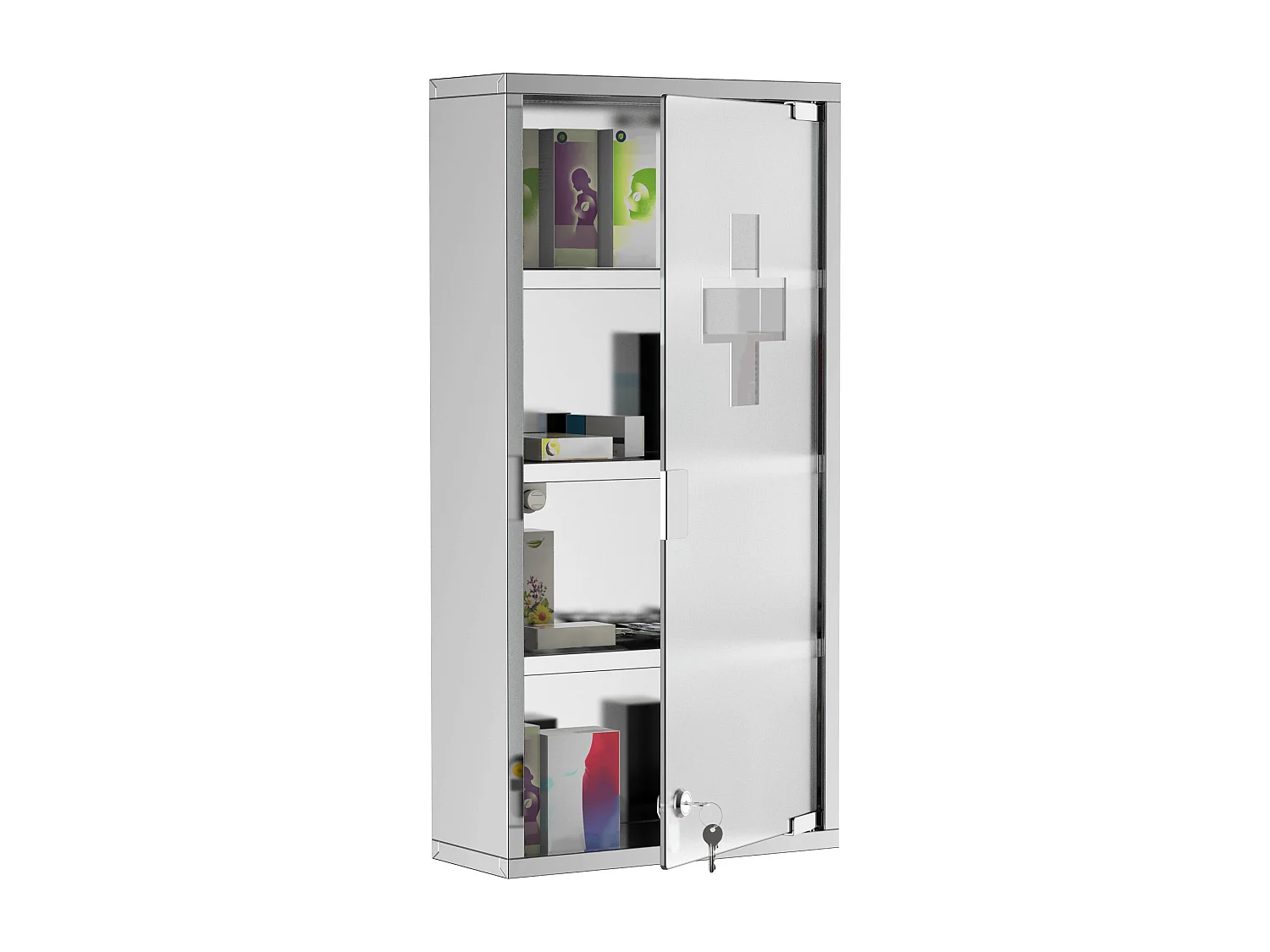 Armário de remédios de aço inoxidável com fechadura e porta de vidro opaco para montagem na parede do banheiro 30×12×60 cm