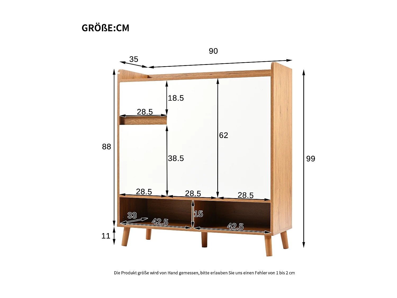 Aparador de madeira branca natural 90x35x99cm com prateleiras ajustáveis para hall de entrada e sala de estar