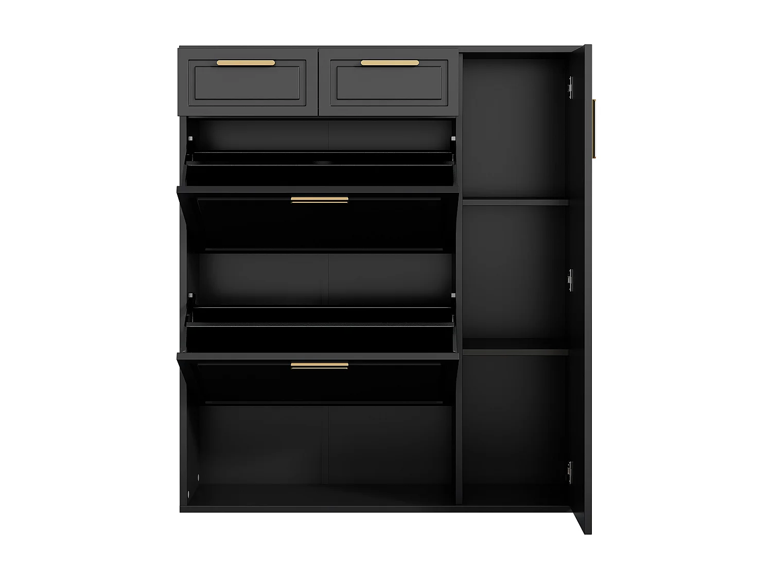 Sapateira preta 95x24x107cm em MDF com gavetas e prateleiras reguláveis para uma entrada moderna