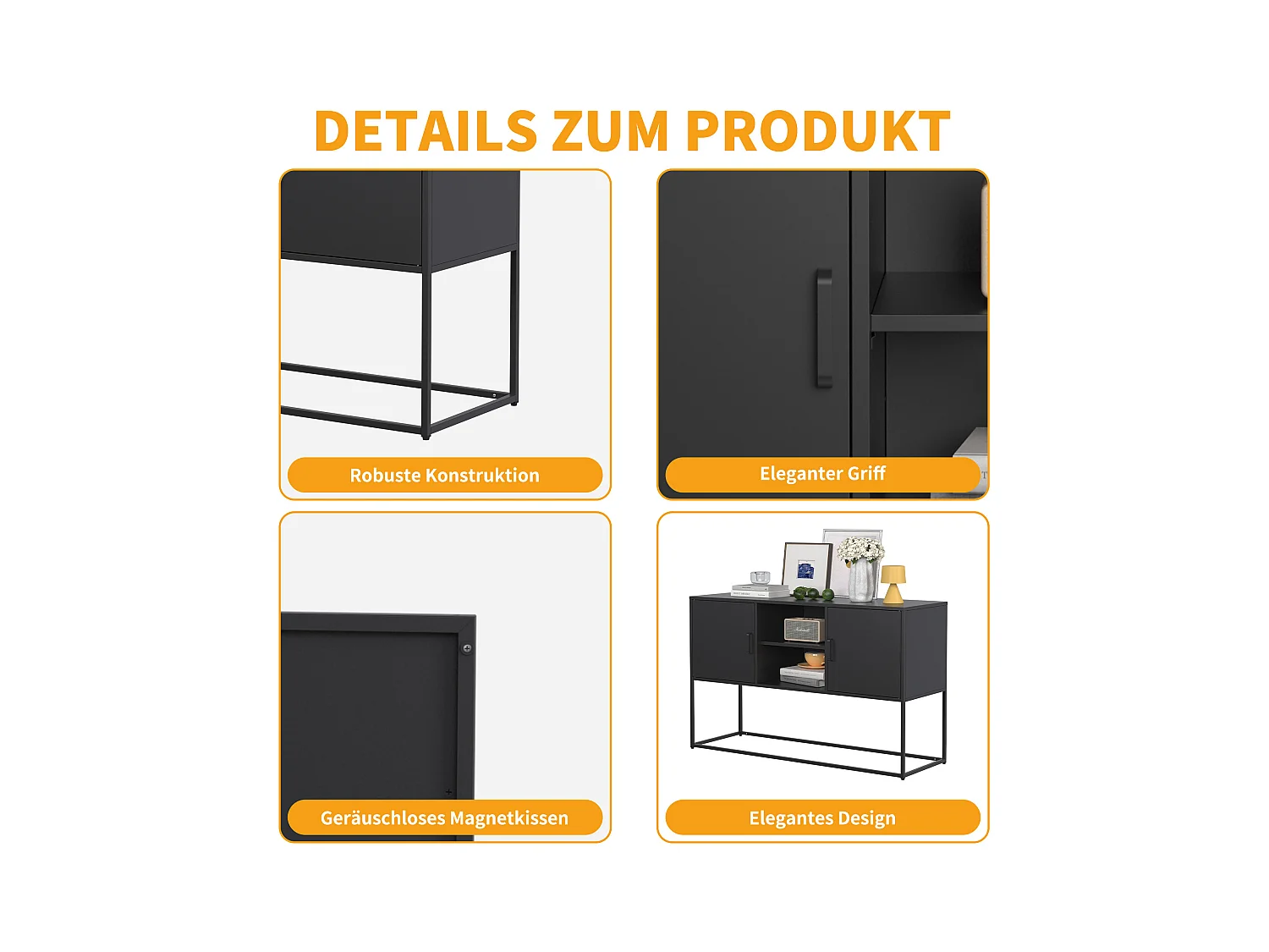 Buffet métal noir moderne 6 scomparti gamma salone cucina 120x40x75cm