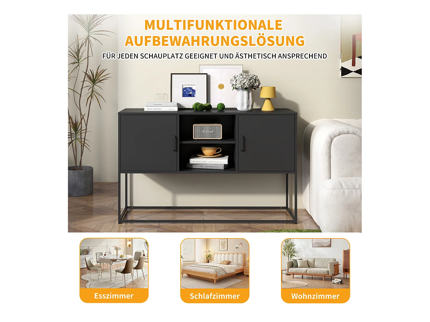 Buffet métal noir moderne 6 scomparti gamma salone cucina 120x40x75cm