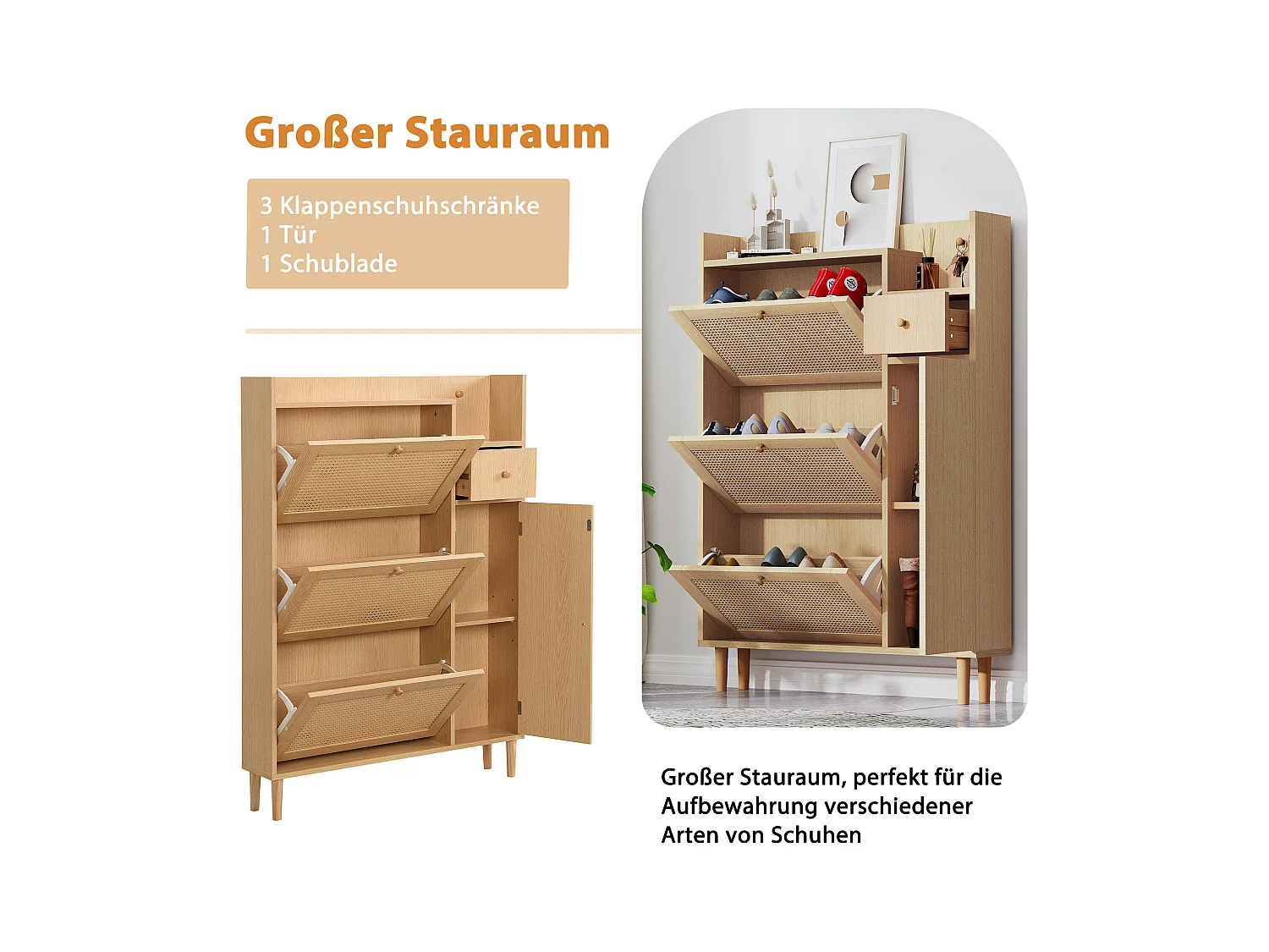 Zapatero de madera MDF de gran capacidad con cajones y solapas para entrada, estilo ratán