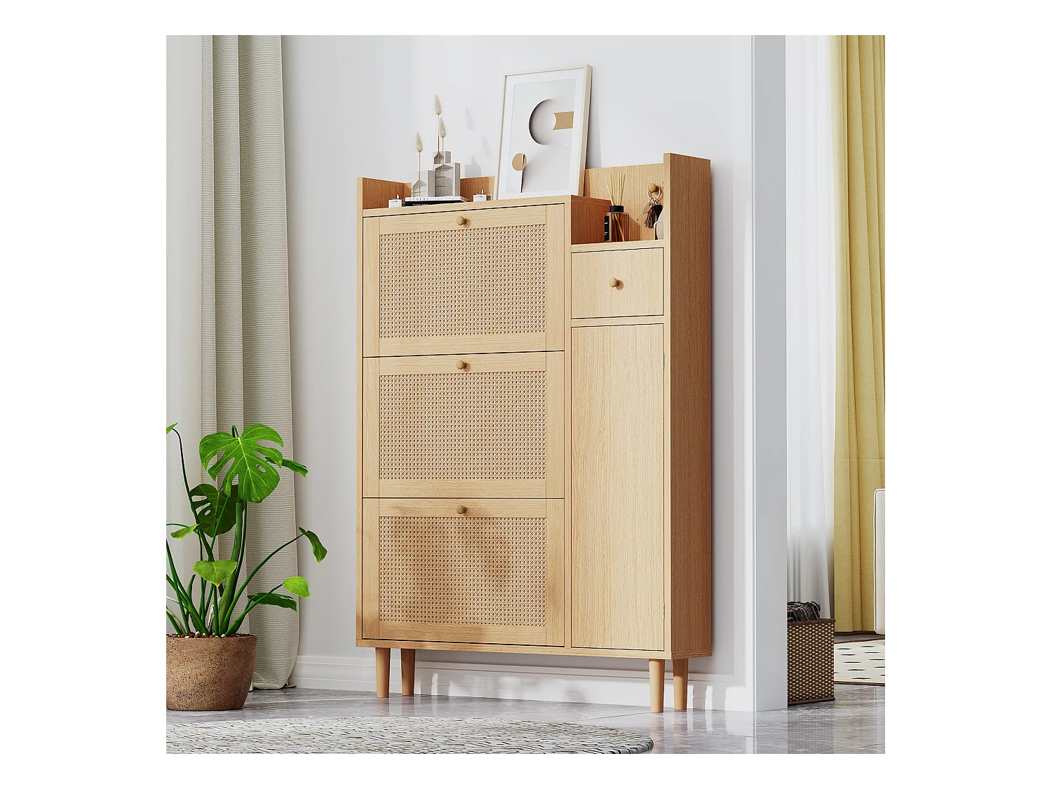 Zapatero de madera MDF de gran capacidad con cajones y solapas para entrada, estilo ratán