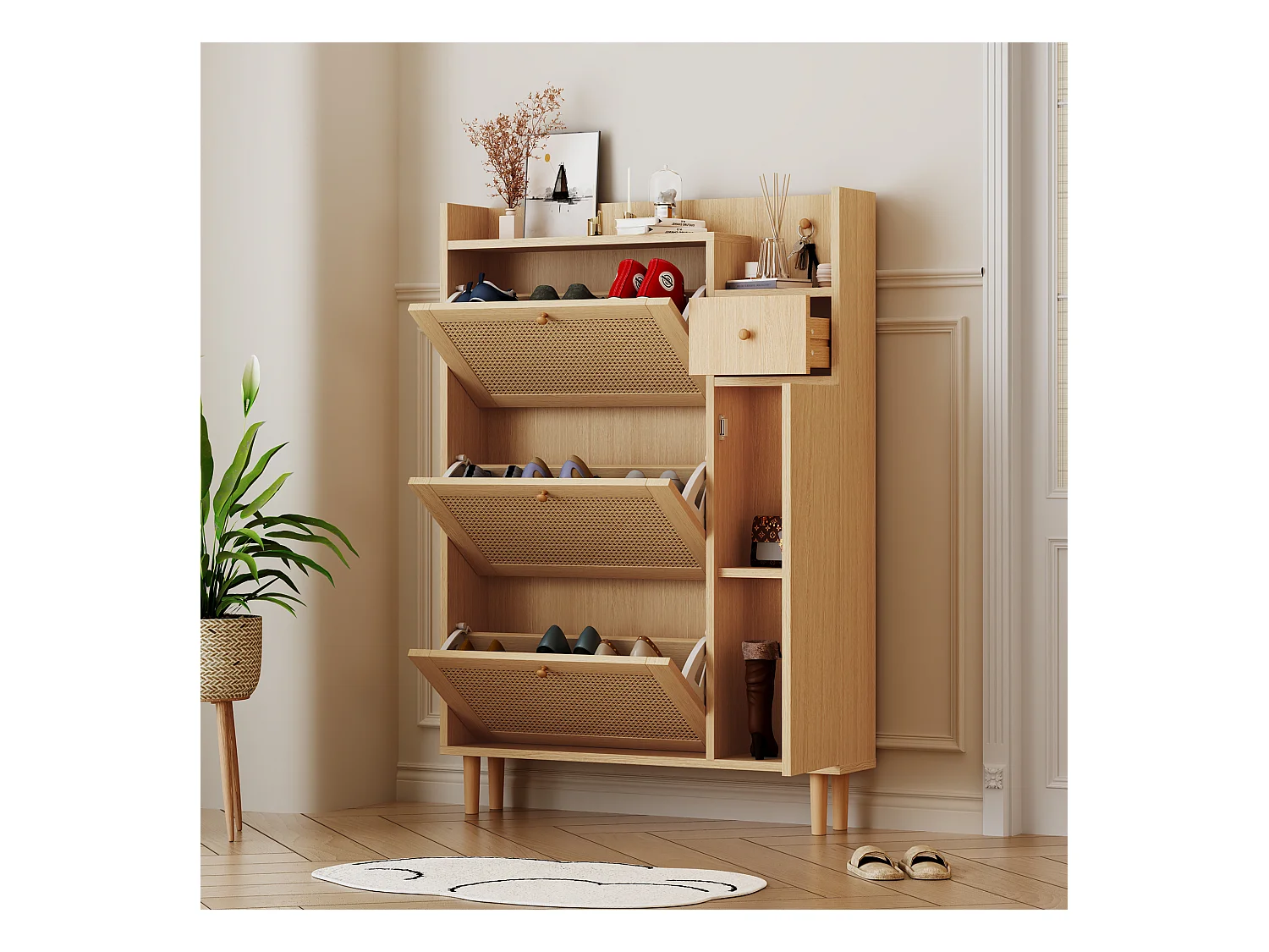 Zapatero de madera MDF de gran capacidad con cajones y solapas para entrada, estilo ratán