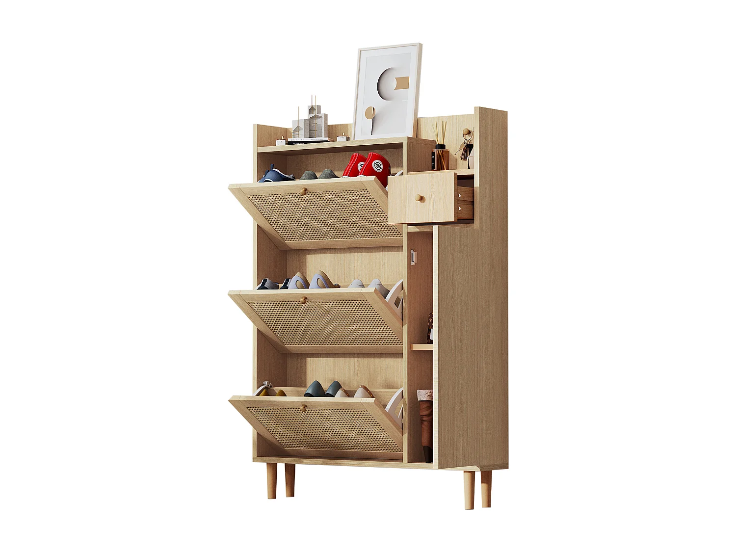 Zapatero de madera MDF de gran capacidad con cajones y solapas para entrada, estilo ratán