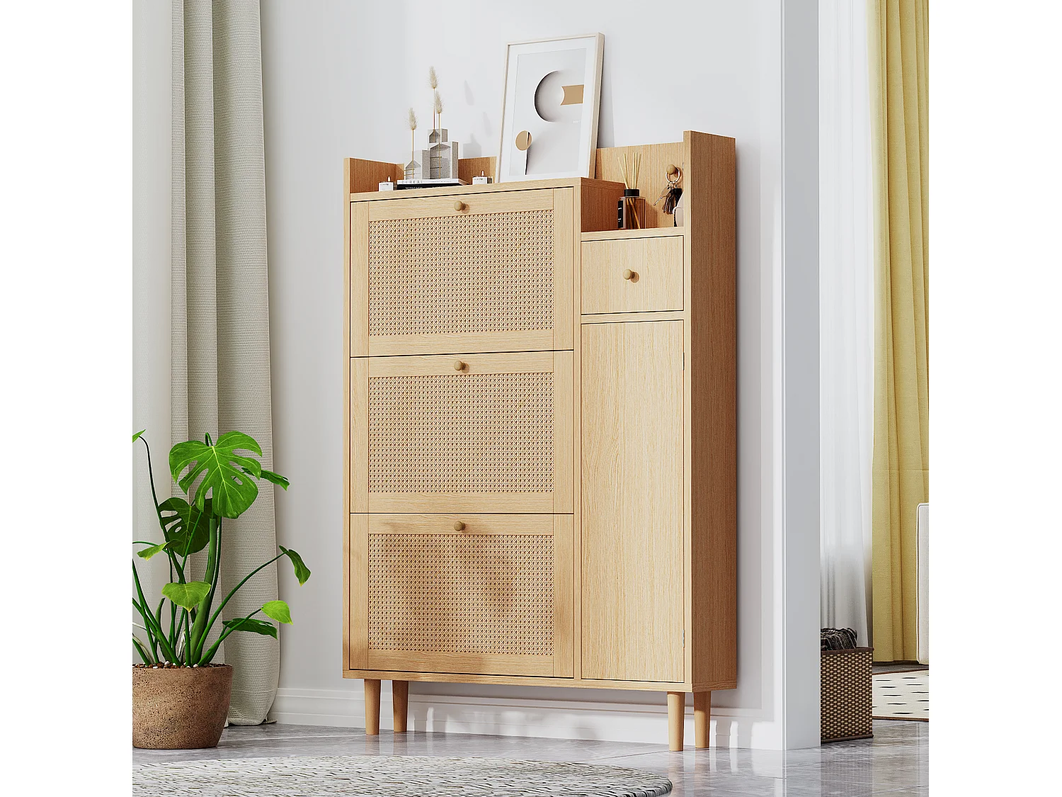 Zapatero de madera MDF de gran capacidad con cajones y solapas para entrada, estilo ratán