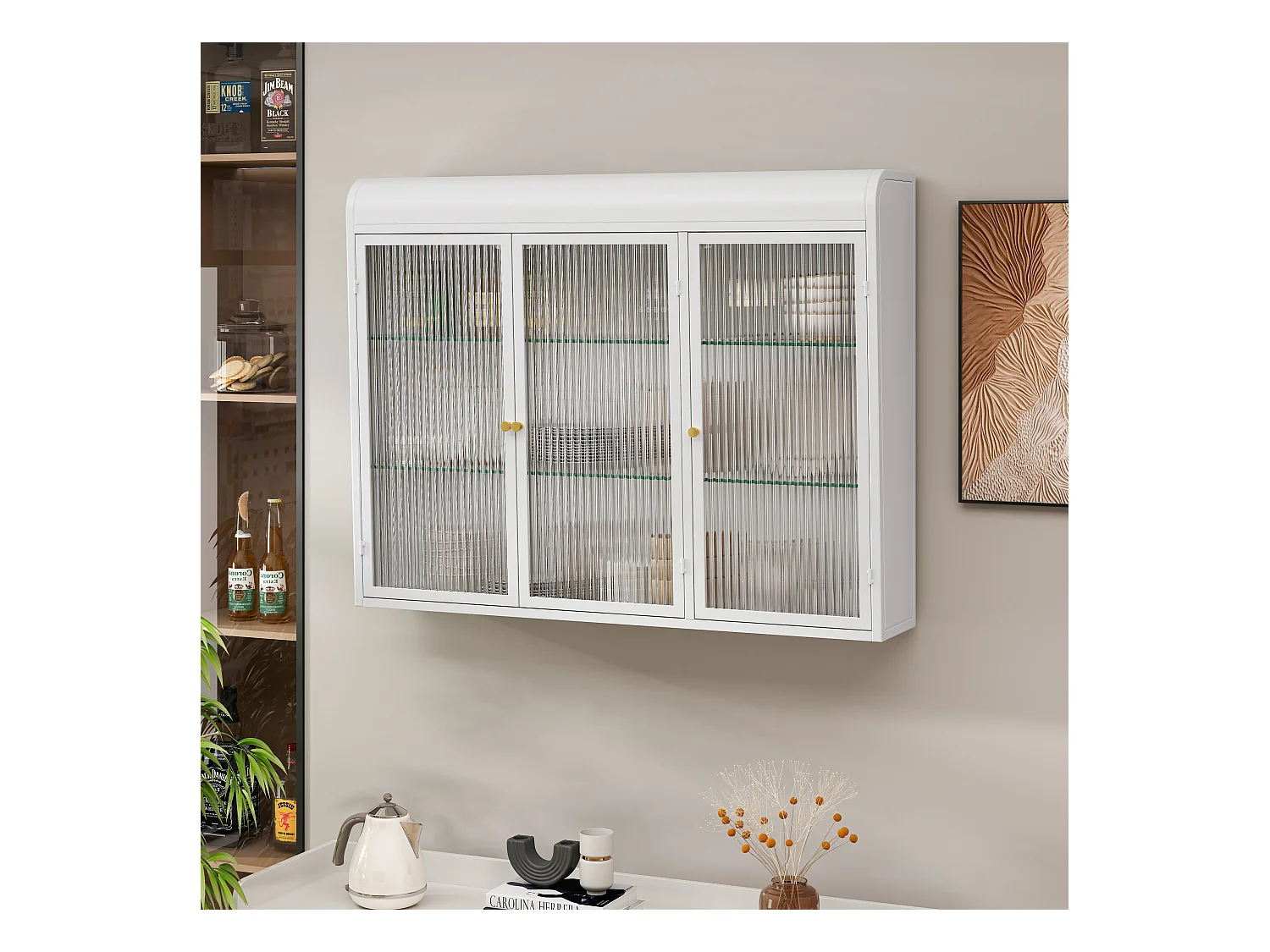 Mueble alto de 3 puertas, cristal templado, metal, almacenaje para cocina, salón, baño, blanco, 90 x 19,5 x 70 cm