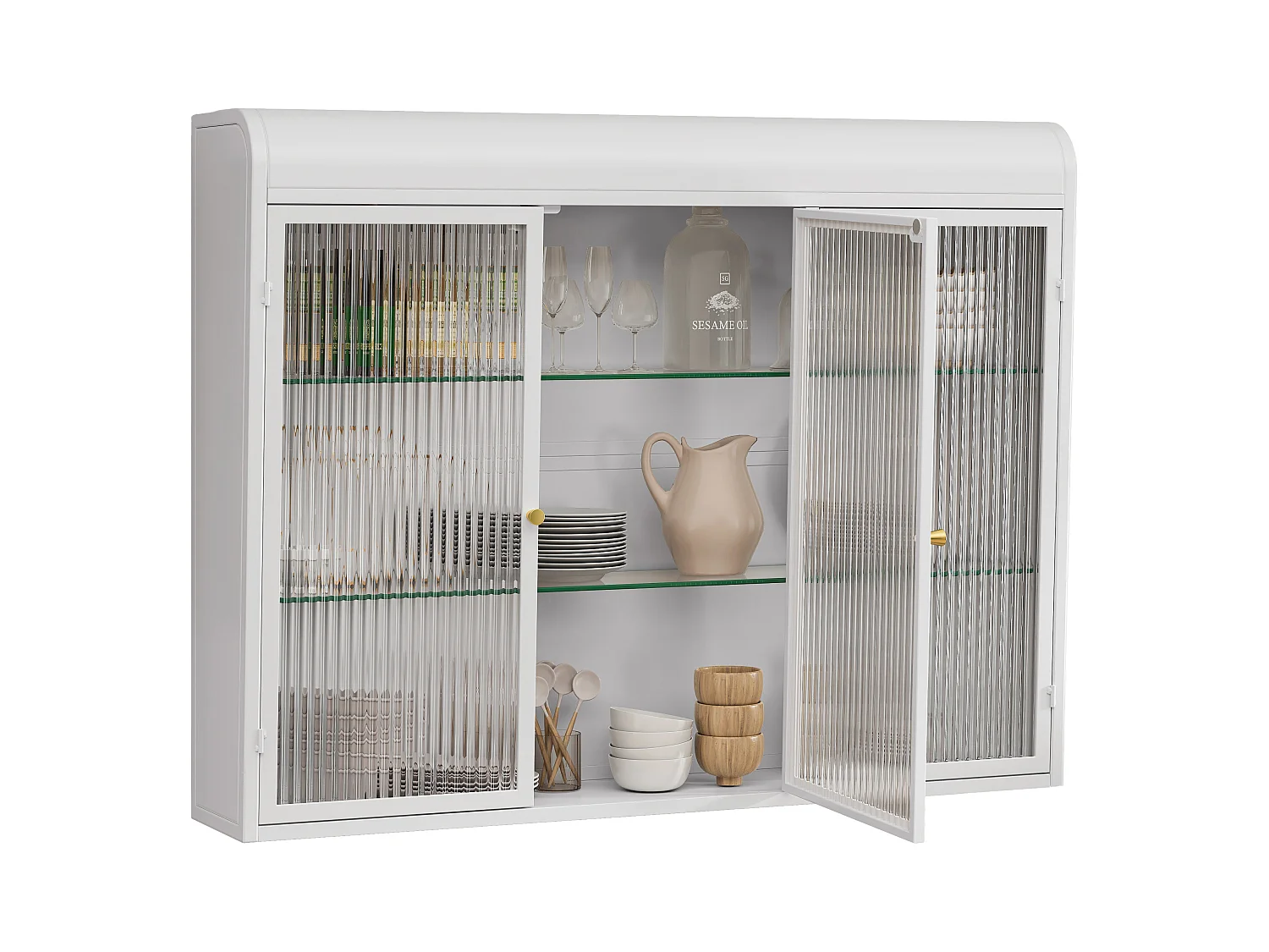Mueble alto de 3 puertas, cristal templado, metal, almacenaje para cocina, salón, baño, blanco, 90 x 19,5 x 70 cm