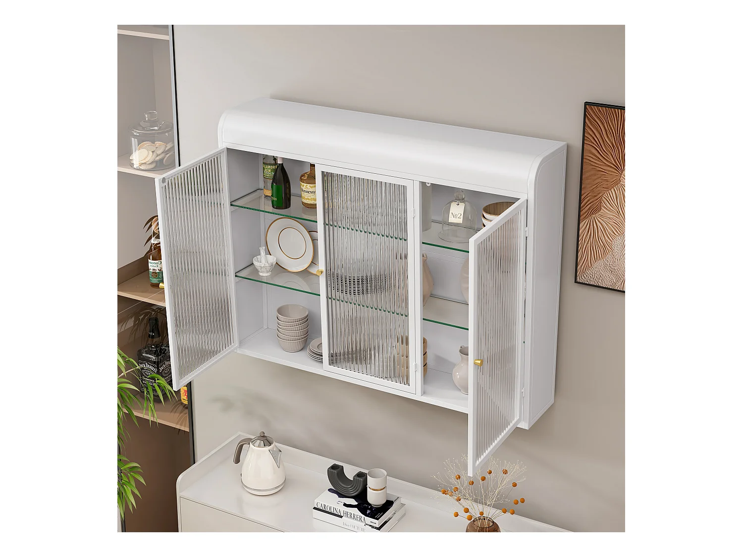 Mueble alto de 3 puertas, cristal templado, metal, almacenaje para cocina, salón, baño, blanco, 90 x 19,5 x 70 cm