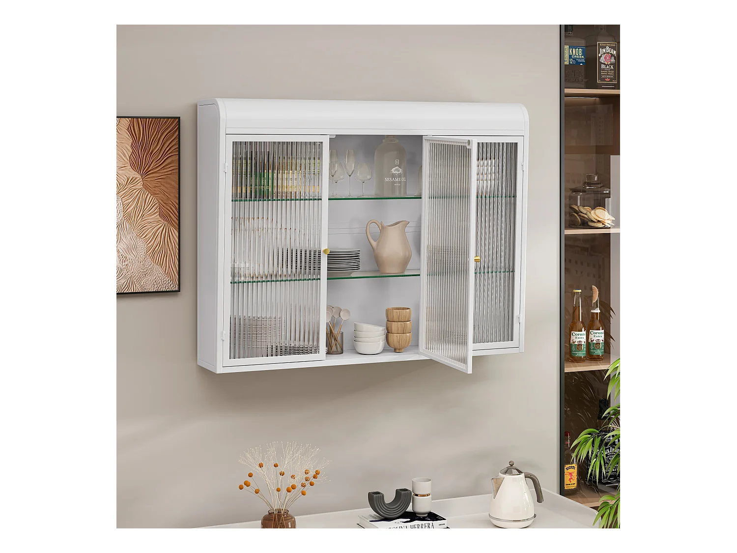 Mueble alto de 3 puertas, cristal templado, metal, almacenaje para cocina, salón, baño, blanco, 90 x 19,5 x 70 cm
