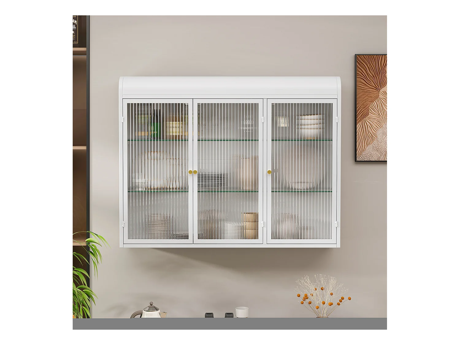 Mueble alto de 3 puertas, cristal templado, metal, almacenaje para cocina, salón, baño, blanco, 90 x 19,5 x 70 cm