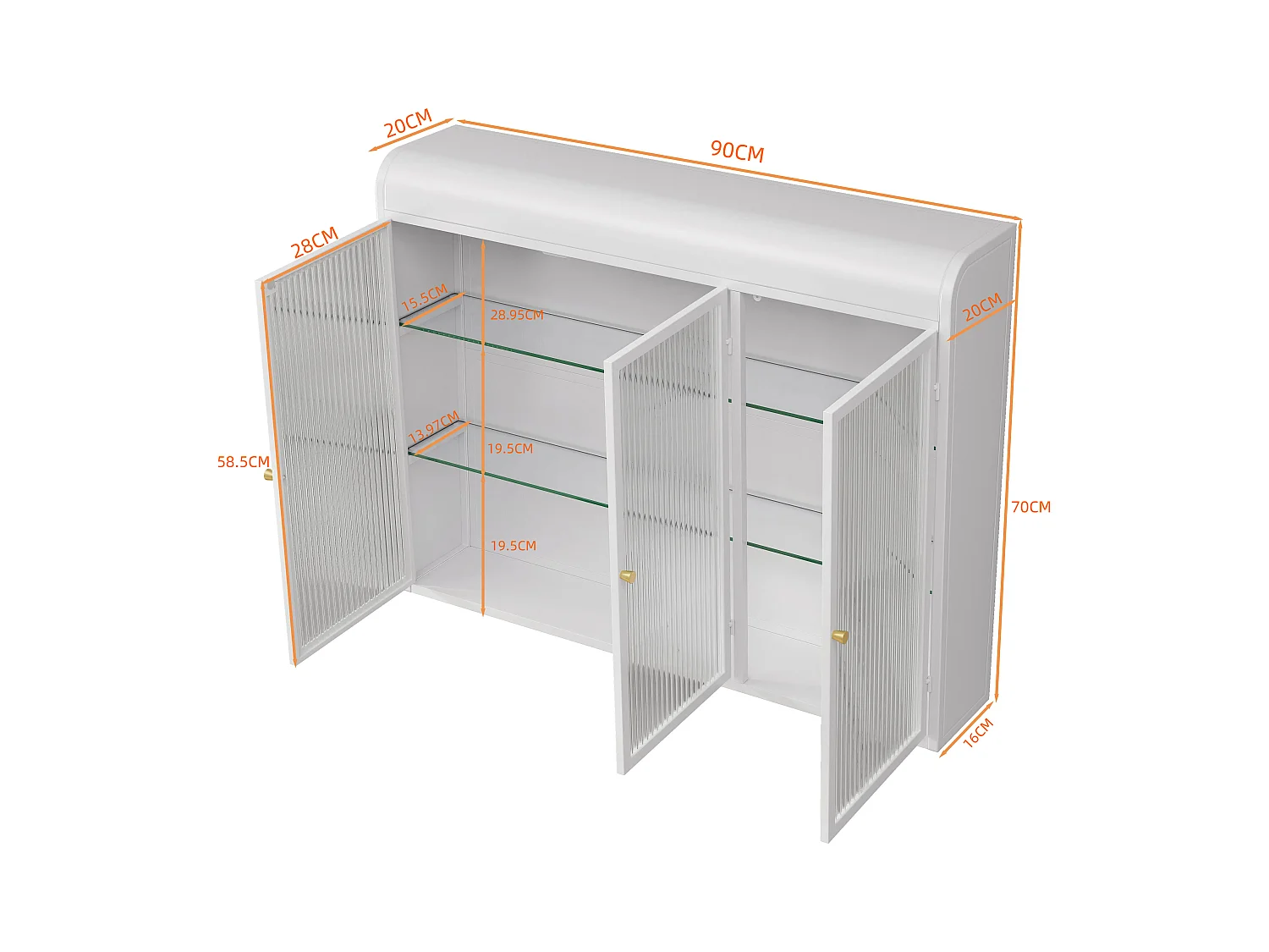 Mueble alto de 3 puertas, cristal templado, metal, almacenaje para cocina, salón, baño, blanco, 90 x 19,5 x 70 cm