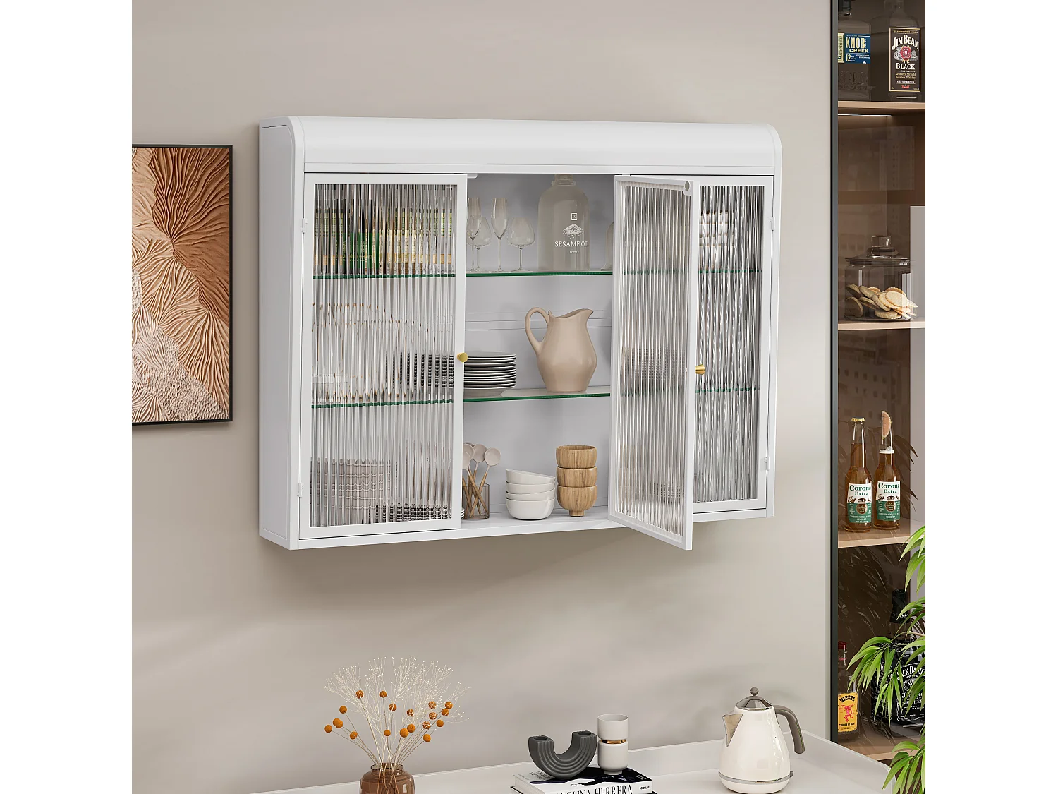 Mueble alto de 3 puertas, cristal templado, metal, almacenaje para cocina, salón, baño, blanco, 90 x 19,5 x 70 cm