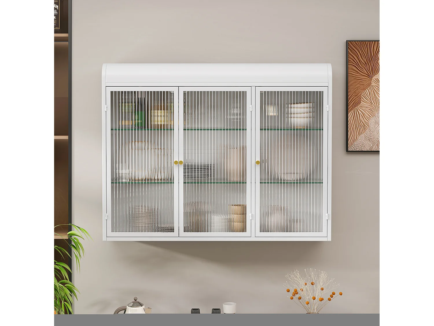 Mueble alto de 3 puertas, cristal templado, metal, almacenaje para cocina, salón, baño, blanco, 90 x 19,5 x 70 cm