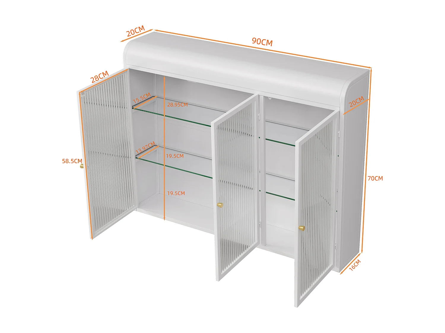 Mueble alto de 3 puertas, cristal templado, metal, almacenaje para cocina, salón, baño, blanco, 90 x 19,5 x 70 cm
