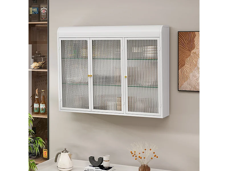 Mobile murale 3 porte verre trempé métal rangement kitchen salon salle de bain blanc 90x19.5x70 cm