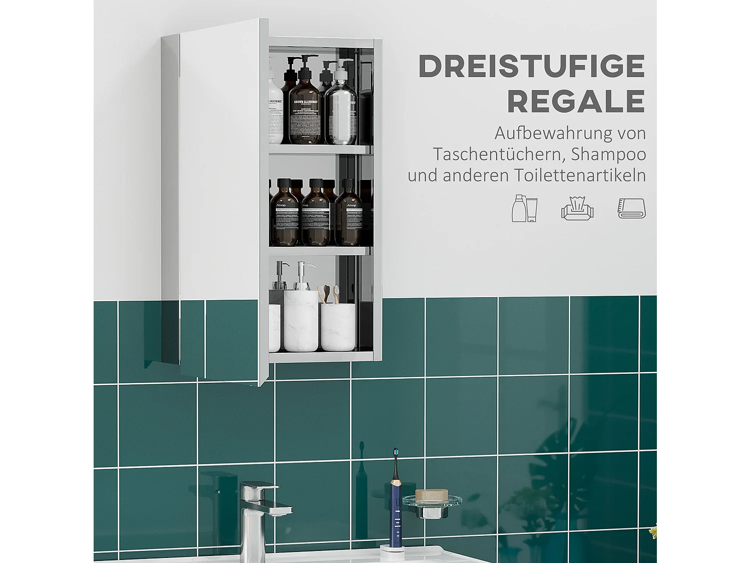 Armoire murale miroir inox salle de bain avec étagères rangement compact 39x12x60cm argenté