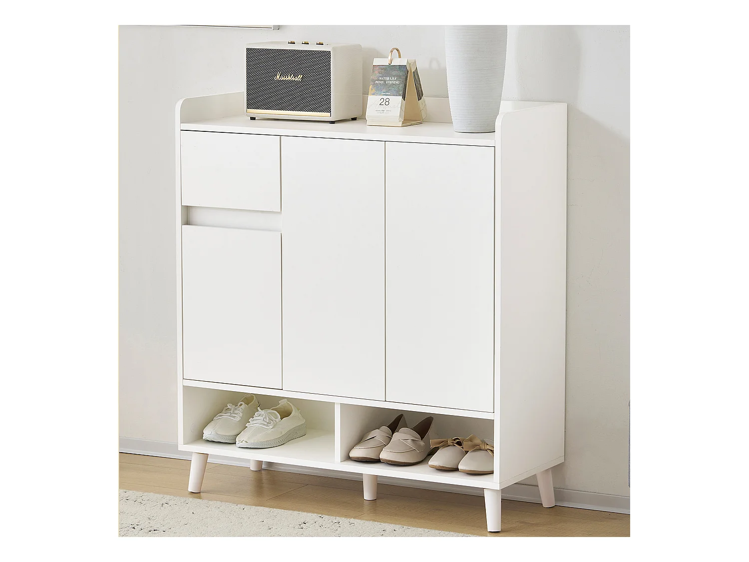 Mueble de entrada de madera MDF con patas de madera maciza, almacenamiento modular para pasillo moderno, color blanco