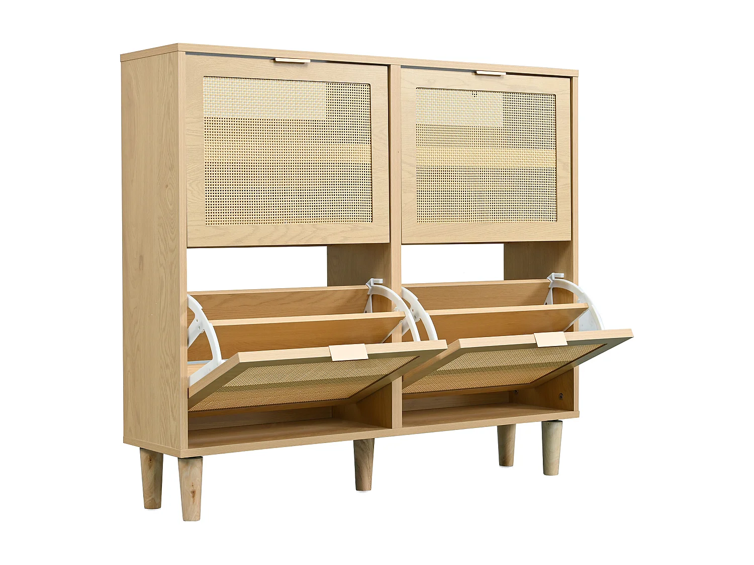 Zapatero de madera y ratán con puerta calada, entrada, pasillo, ahorra espacio, roble claro