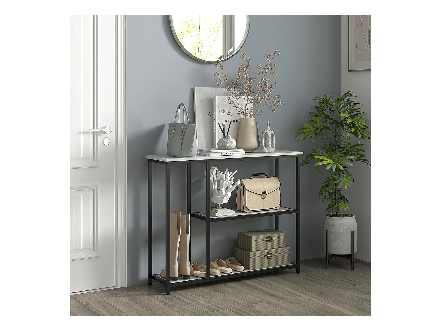 Consola de entrada de mármol sintético estable de madera con tablero de metal 100x30x80 cm negro