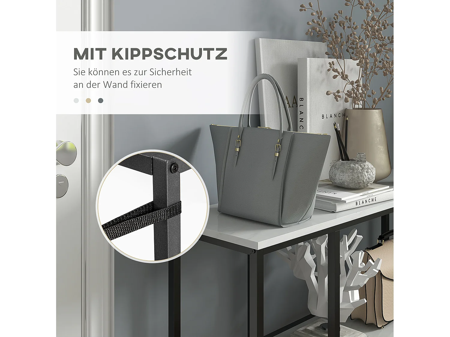 Console d'entrée marmo sintetico plateau bois métal stable 100x30x80 cm noir