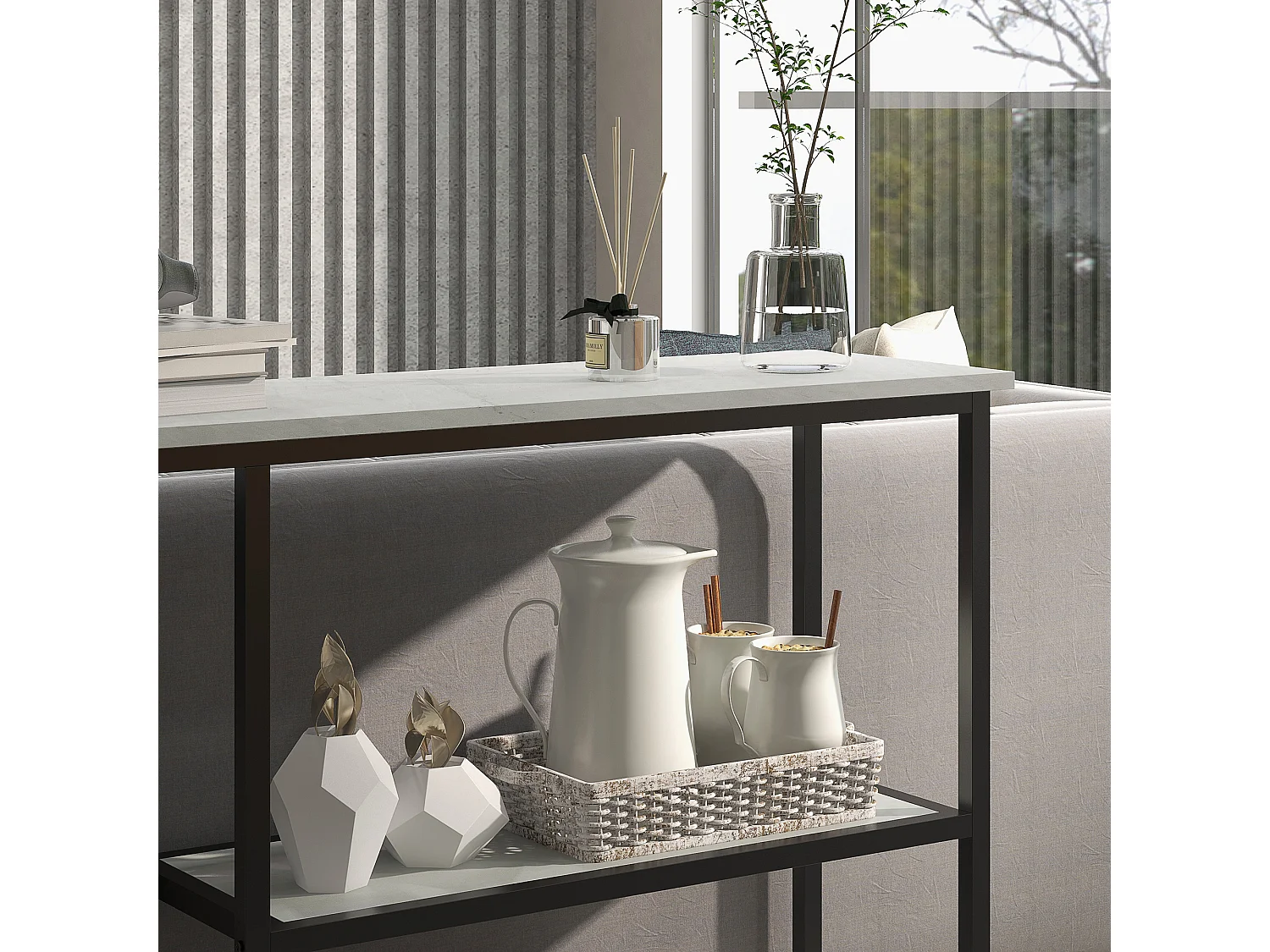 Console d'entrée marmo sintetico plateau bois métal stable 100x30x80 cm noir