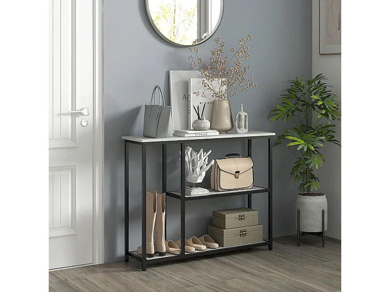Console d'entrée marmo sintetico plateau bois métal stable 100x30x80 cm noir