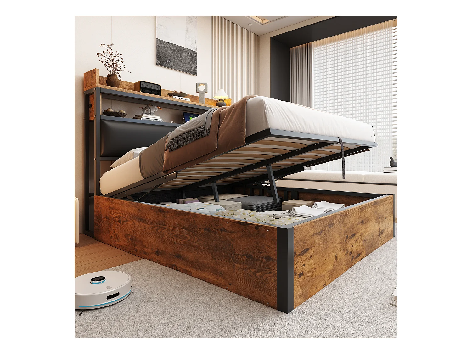 Tweepersoonsbed met opbergruimte in hout en zwart 140x200cm met PU hoofdbord en USB-aansluiting, MDF (zonder matras)