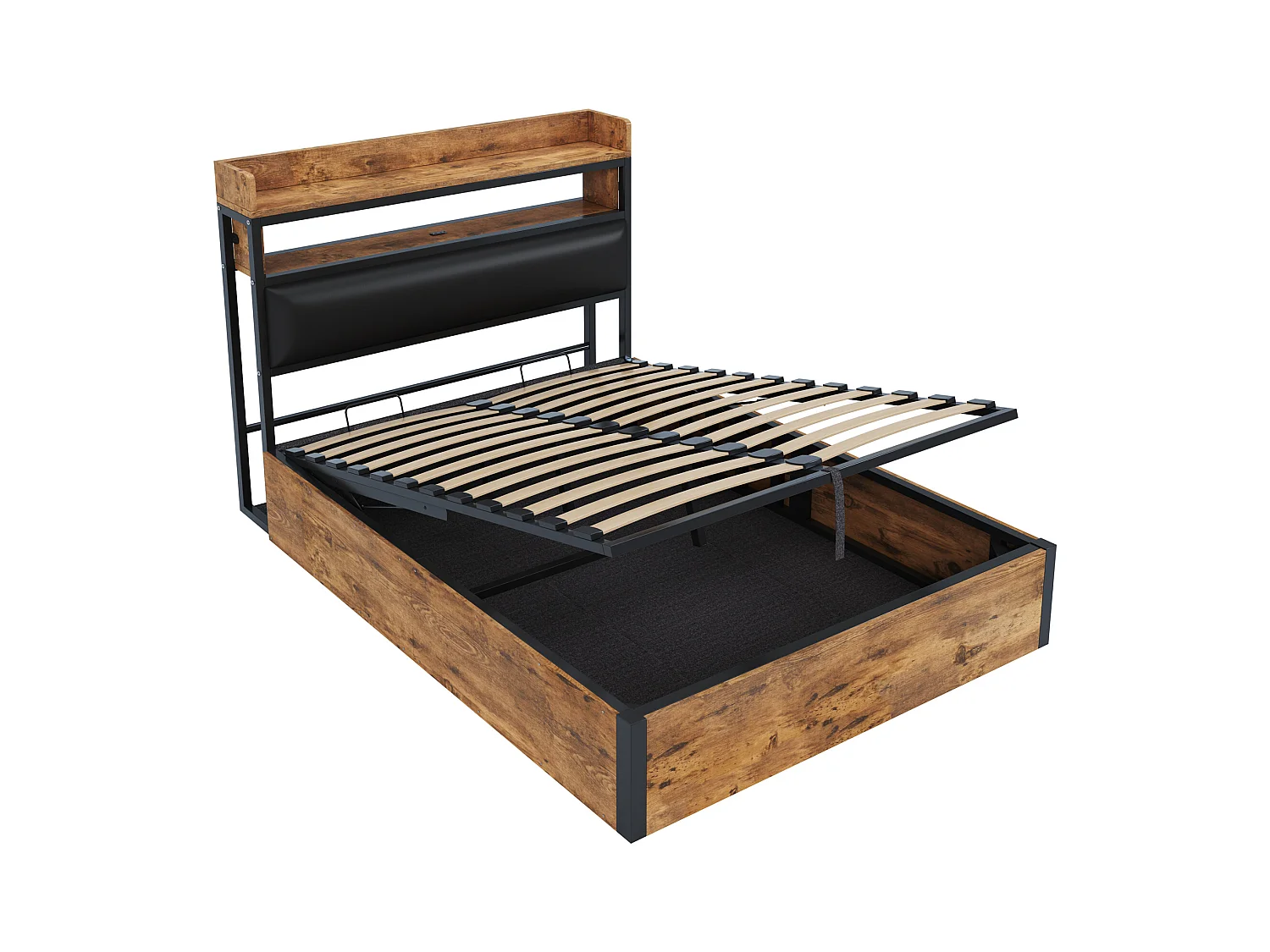 Tweepersoonsbed met opbergruimte in hout en zwart 140x200cm met PU hoofdbord en USB-aansluiting, MDF (zonder matras)