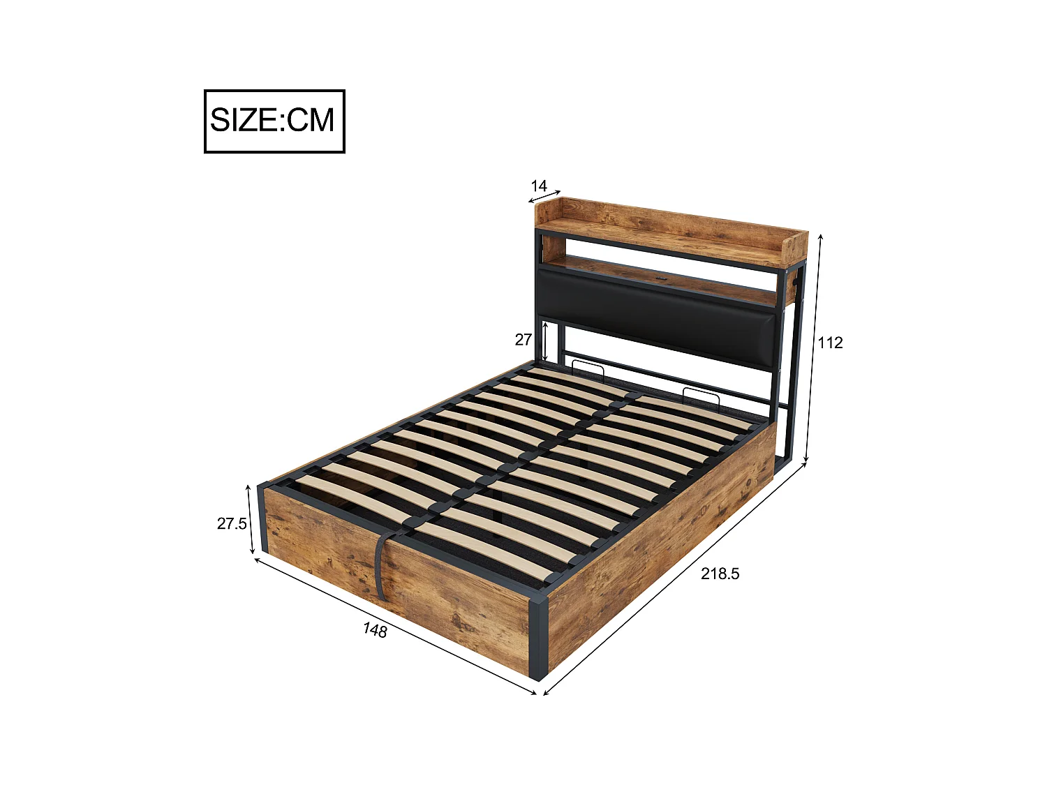 Tweepersoonsbed met opbergruimte in hout en zwart 140x200cm met PU hoofdbord en USB-aansluiting, MDF (zonder matras)