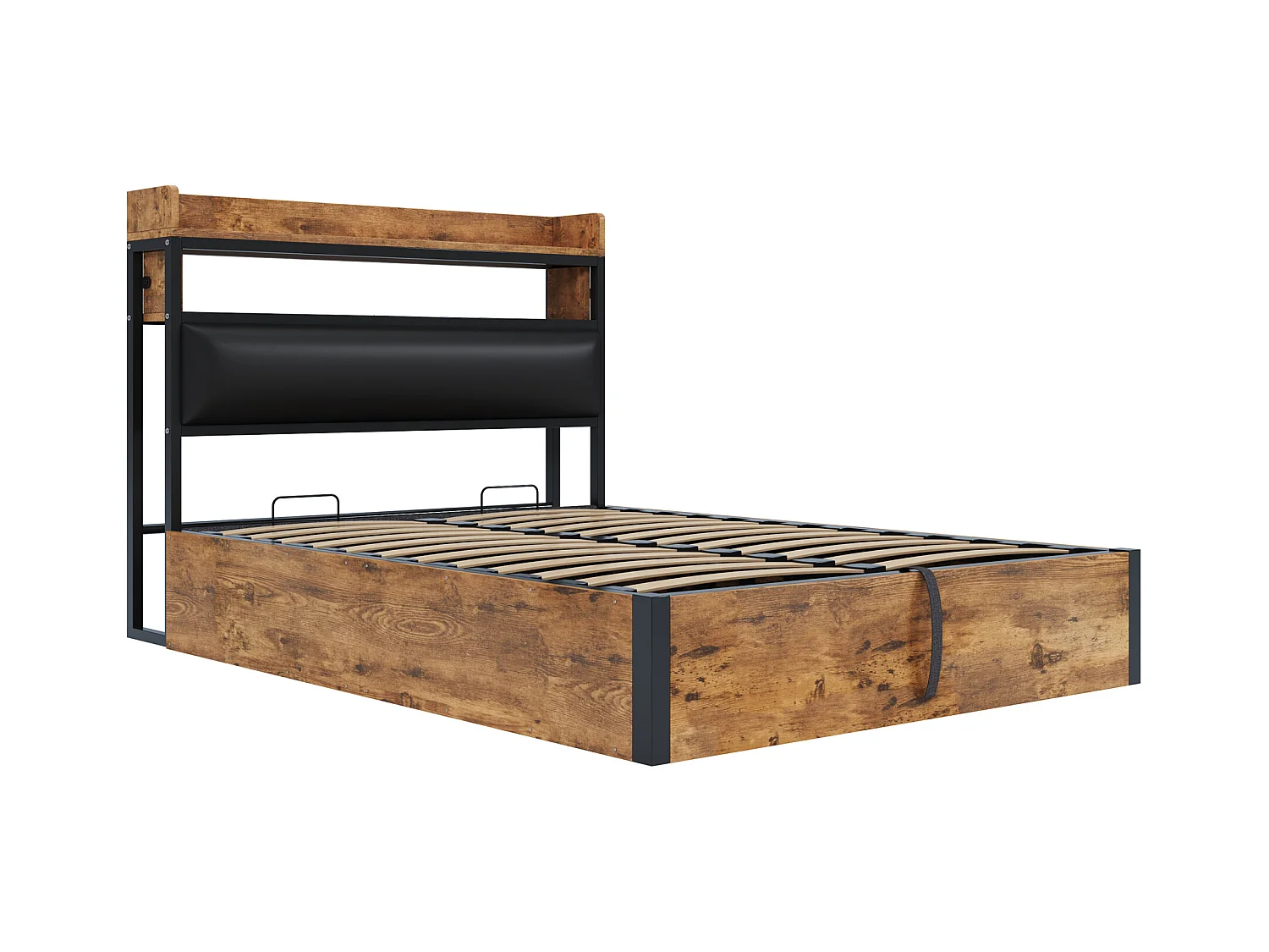 Tweepersoonsbed met opbergruimte in hout en zwart 140x200cm met PU hoofdbord en USB-aansluiting, MDF (zonder matras)
