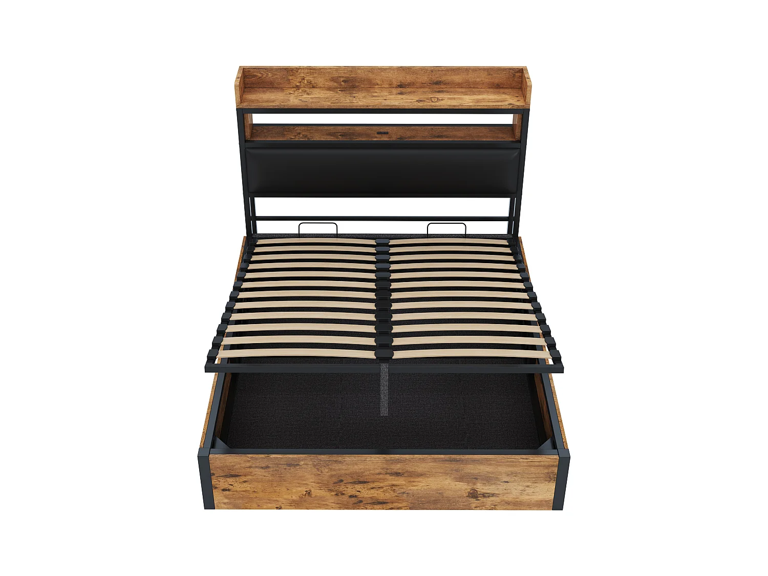 Tweepersoonsbed met opbergruimte in hout en zwart 140x200cm met PU hoofdbord en USB-aansluiting, MDF (zonder matras)