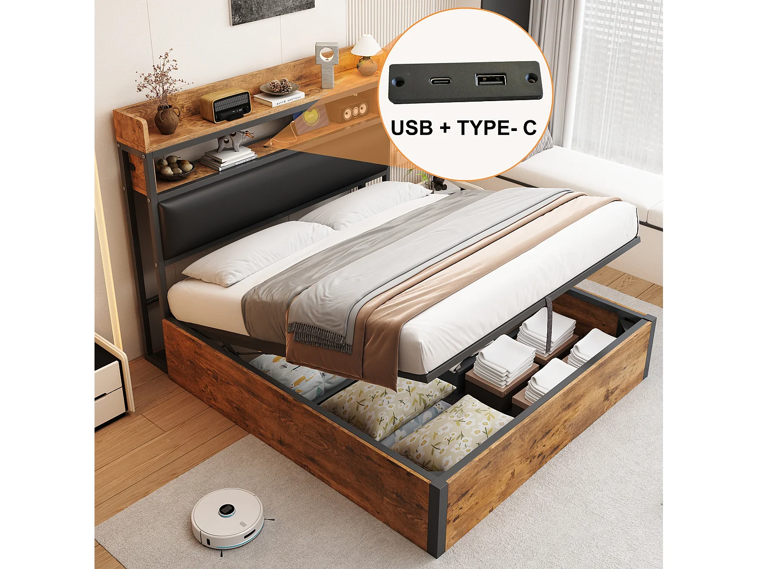 Tweepersoonsbed met opbergruimte in hout en zwart 140x200cm met PU hoofdbord en USB-aansluiting, MDF (zonder matras)