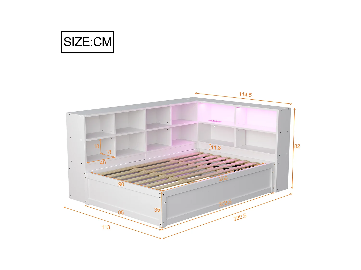 Witte slaapbank 90x200 cm met ledverlichting, opbergvak en stopcontact (zonder matras)