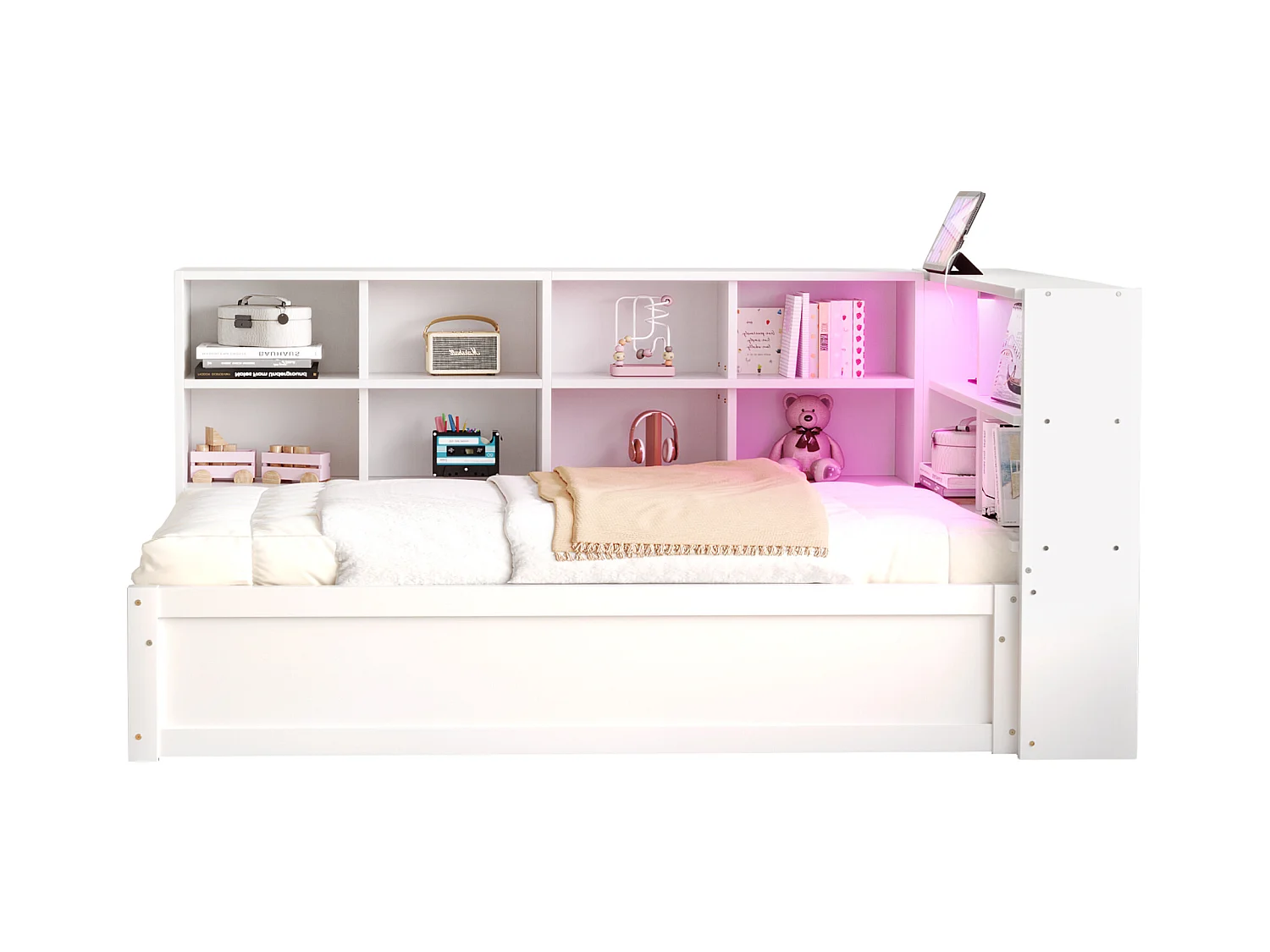 Witte slaapbank 90x200 cm met ledverlichting, opbergvak en stopcontact (zonder matras)