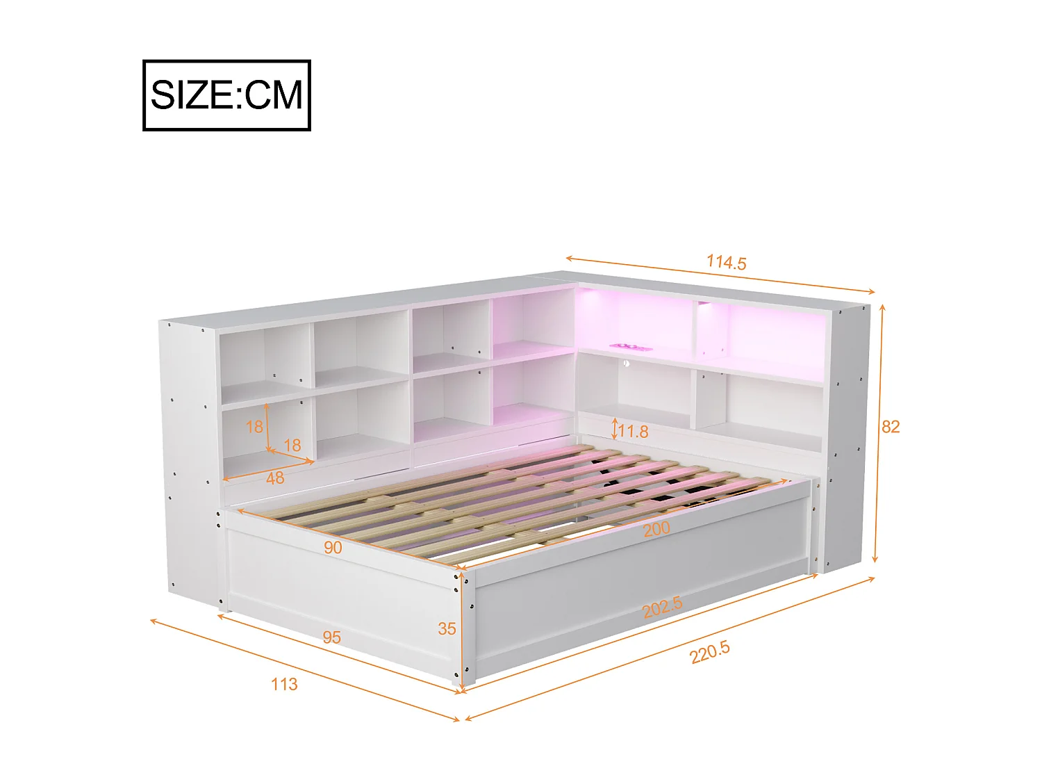 Lit coffre canapé blanc 90x200 cm avec éclairage LED, compartiment de rangement et prise (sans matelas)