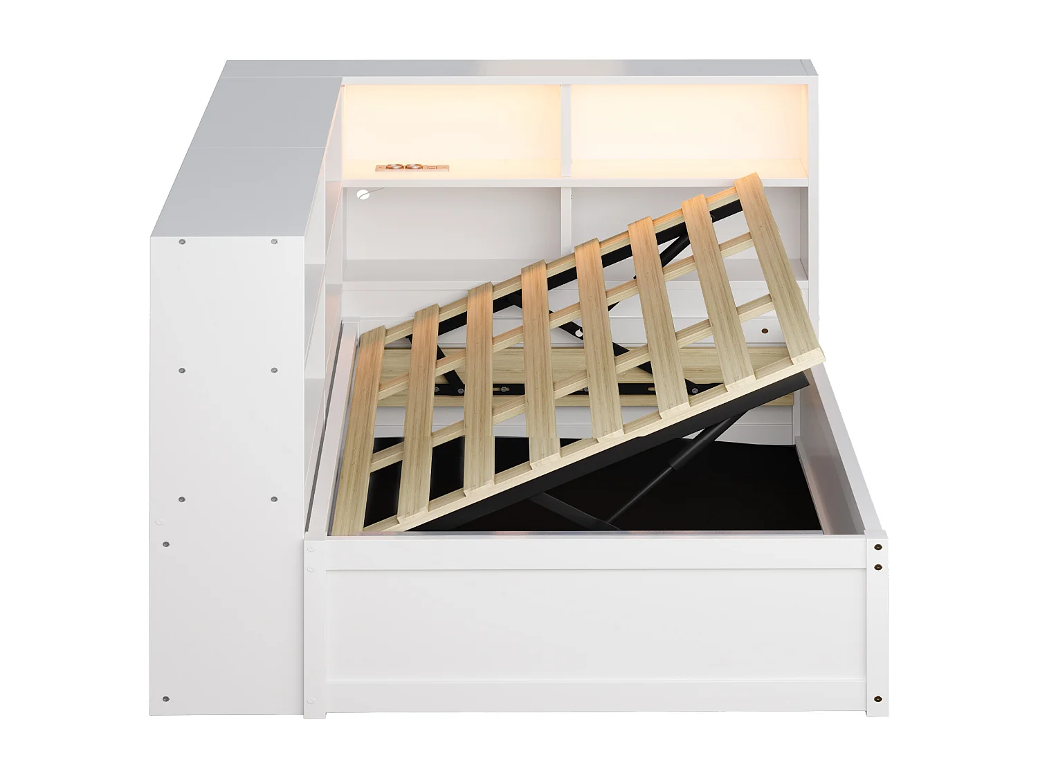 Lit coffre canapé blanc 90x200 cm avec éclairage LED, compartiment de rangement et prise (sans matelas)